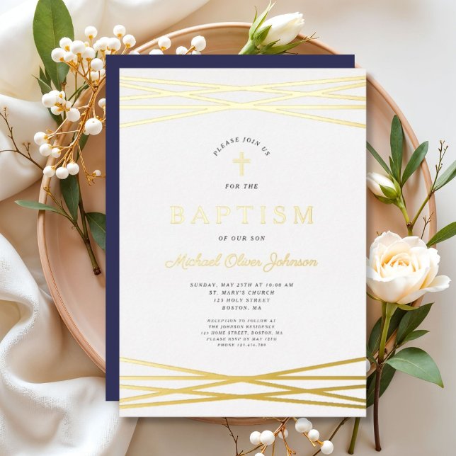 Elegant Navy Blue Gold Script Boy Baptism Foil Invitation (Elegant Navy Blue Gold Script Boy Baptism Foil Invitation)