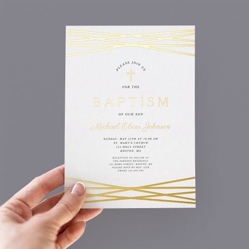 Elegant Navy Blue Gold Script Boy Baptism Foil Invitation