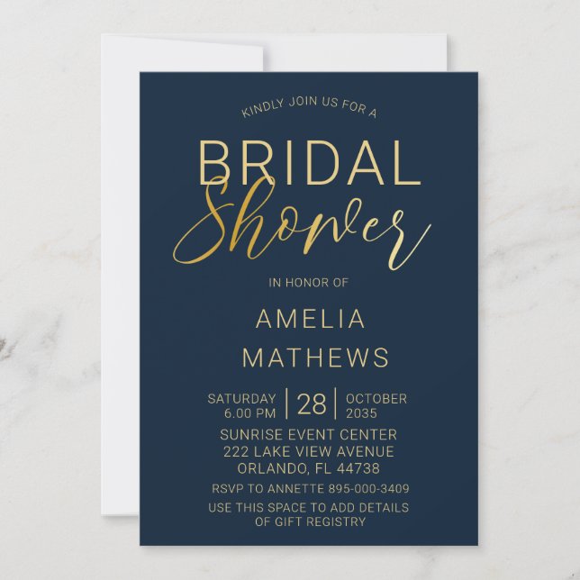 Elegant Navy Blue & Gold Script Bridal Shower  Invitation (Front)