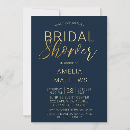 Elegant Navy Blue  Gold Script Bridal Shower  Invitation