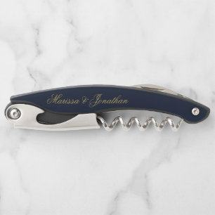 Elegant Navy Blue Gold Script Calligraphy Wedding Waiter's Corkscrew