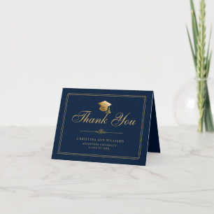 Elegant Navy Blue Gold Script Cap Graduation Thank You Card