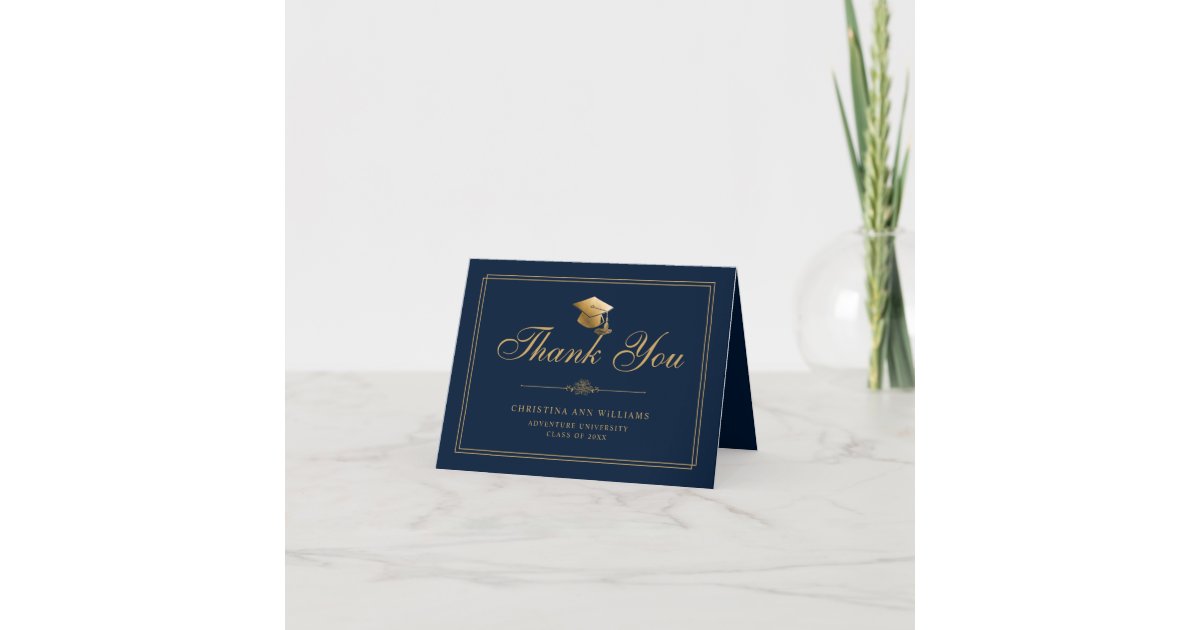 Elegant Navy Blue Gold Script Cap Graduation Thank You Card | Zazzle