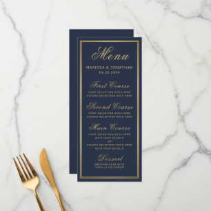 Elegant Navy Blue Gold Script Chic Wedding Menu