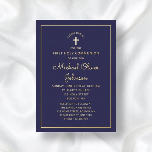 Elegant  Navy Blue Gold Script First Communion Foil Invitation