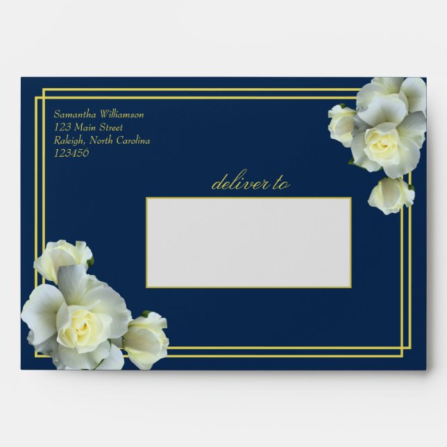 Elegant Navy Blue Gold Script Frame White Rose Envelope (Front)