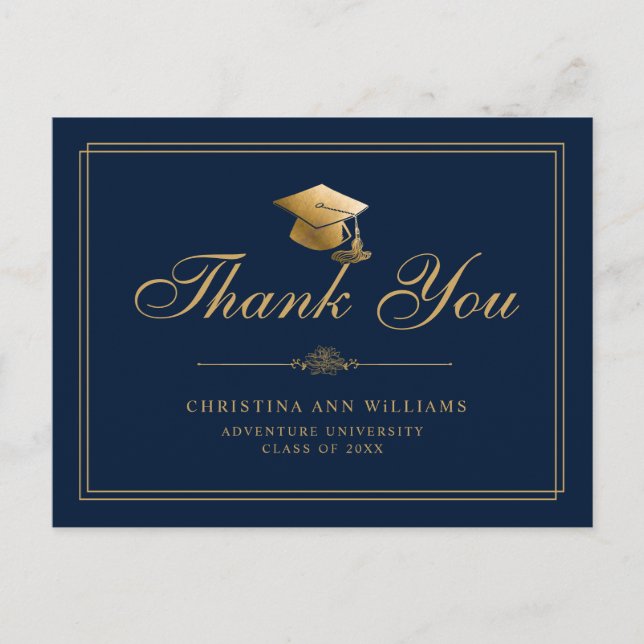 Elegant Navy Blue Gold Script Graduation Thank You Postcard (Front)