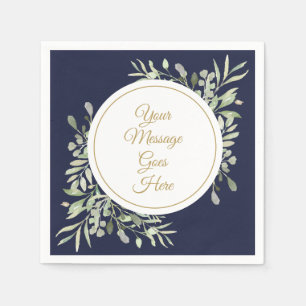 Elegant Navy Blue Gold Script Greenery Napkins