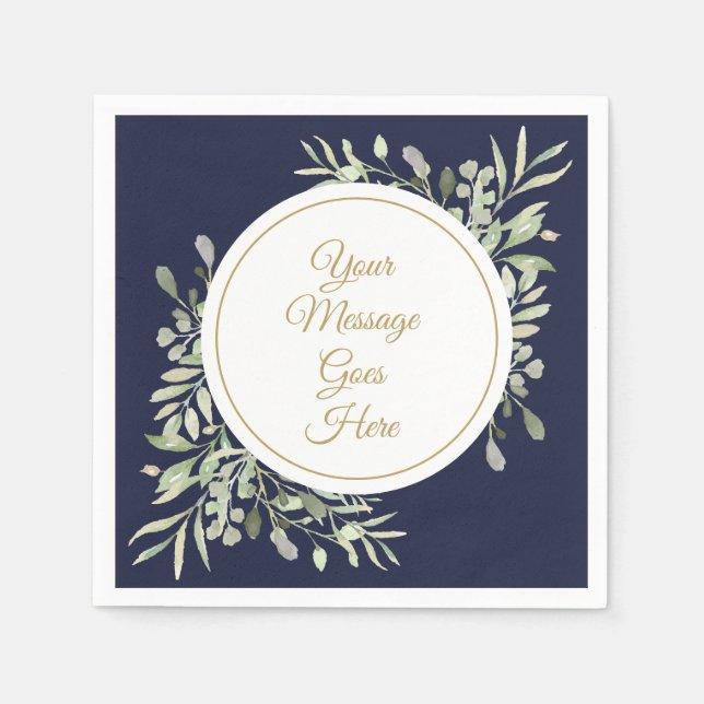 Elegant Navy Blue Gold Script Greenery Napkins (Front)