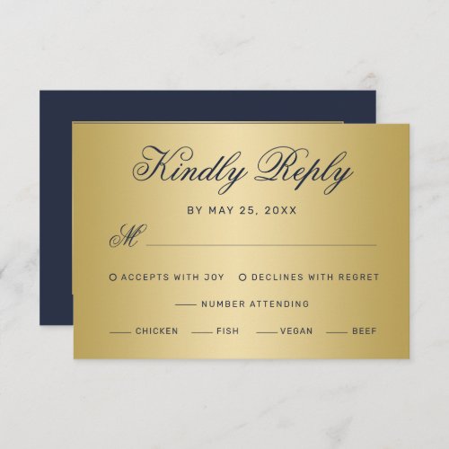 Elegant Navy Blue Gold Script Meal Choice Wedding RSVP Card