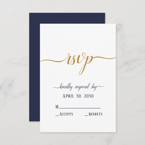 Elegant Navy Blue Gold Script Minimal Wedding RSVP Card