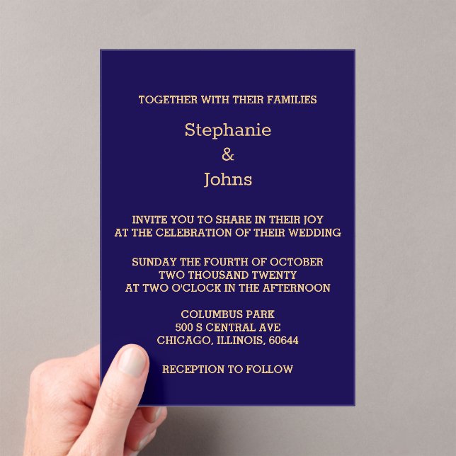 Elegant Navy Blue Gold Script Modern Cool Wedding Acrylic Invitations (Insitu (Handheld))