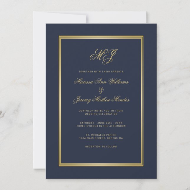 Elegant Navy Blue Gold Script Monogram Wedding Invitation (Front)
