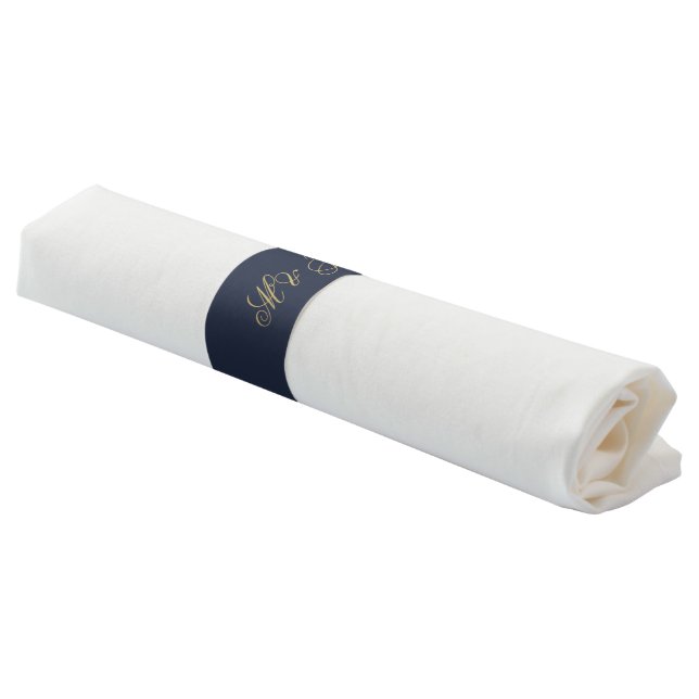 Elegant Navy Blue Gold Script Monogram Wedding Napkin Bands (Angled)