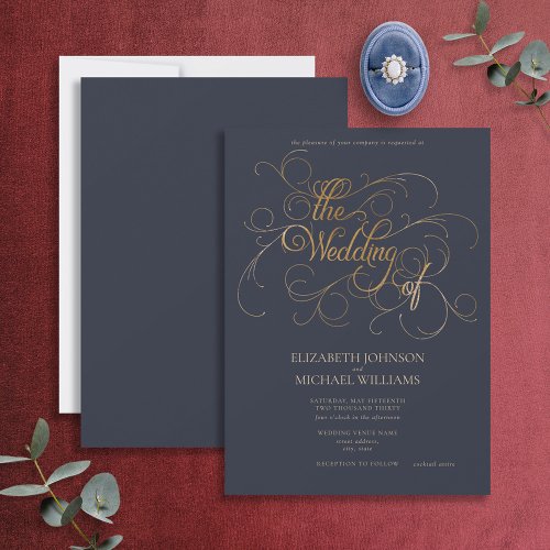 Elegant Navy Blue  Gold Script Wedding Invitation