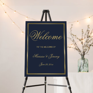 Elegant Navy Blue Gold Script Wedding Welcome Sign