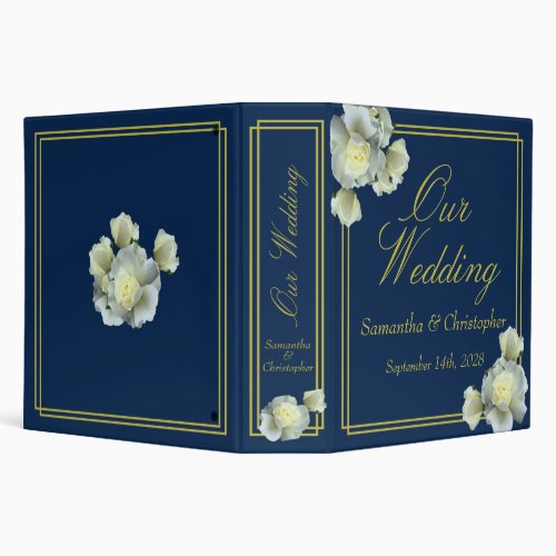 Elegant Navy Blue Gold Script White Roses Wedding 3 Ring Binder