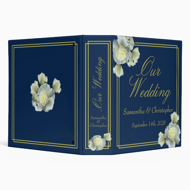 Elegant Navy Blue Gold Script White Roses Wedding 3 Ring Binder (Background)