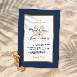 Elegant Navy Blue Gold Seahorses Modern Wedding Invitation