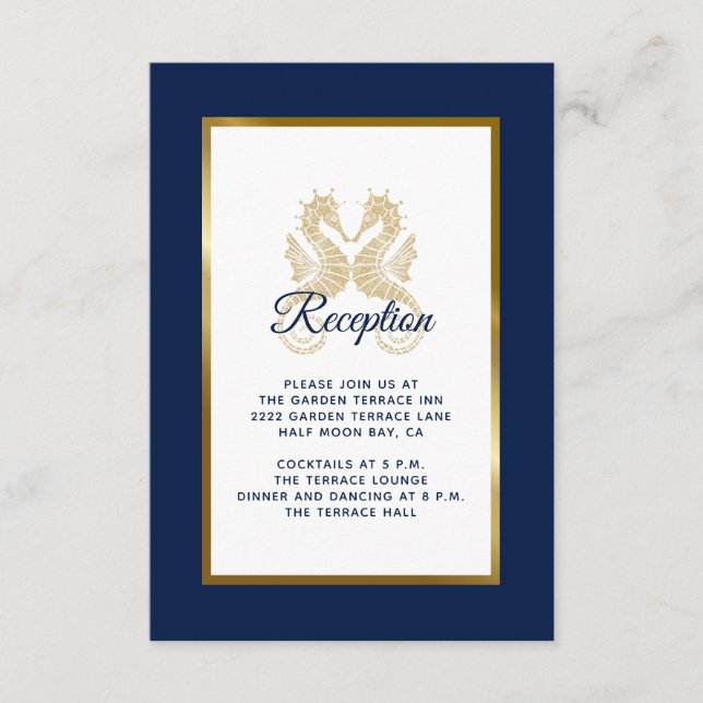 Elegant Navy Blue Gold Seahorses Wedding Reception Enclosure Card (Front)