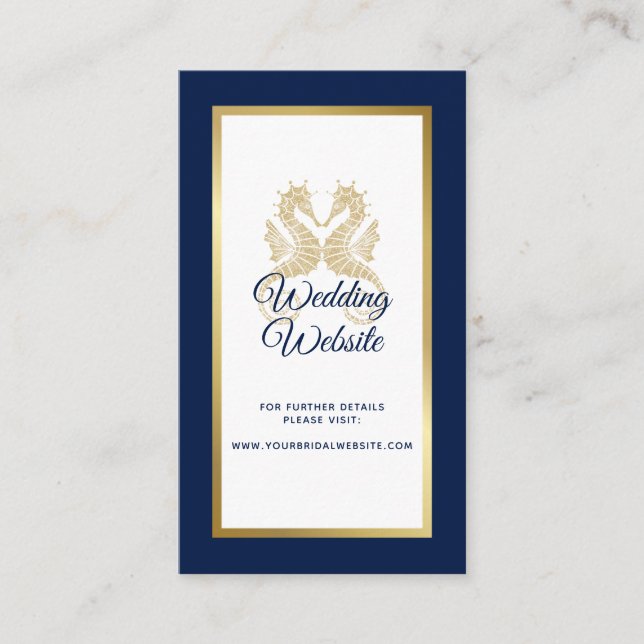 Elegant Navy Blue Gold Seahorses Wedding Website Enclosure Card (Front)