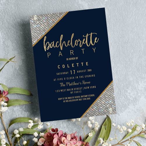Elegant navy blue gold silver glitter Bachelorette Invitation
