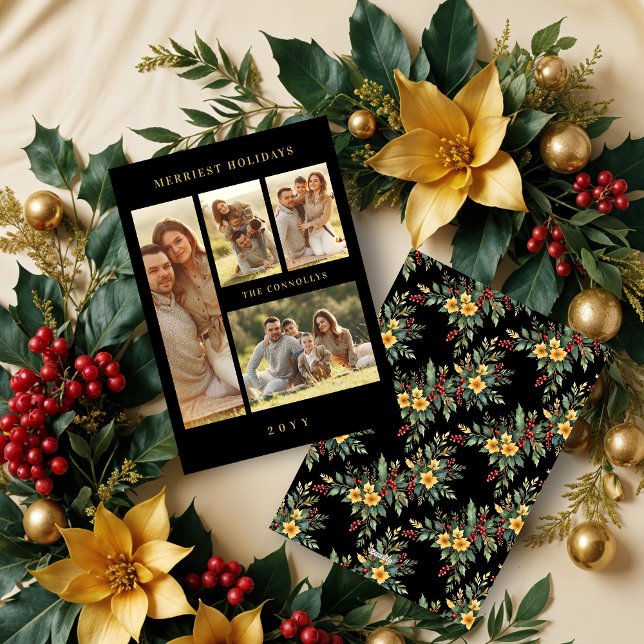 Elegant Navy Blue & Gold Simple 4 Multi Photos Holiday Card (Elegant Black & Fake Gold Simple Classic 4 Multi Photos Collage Family Holidays Cards. )