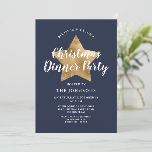Elegant Navy Blue Gold Star Christmas Dinner Party Invitation