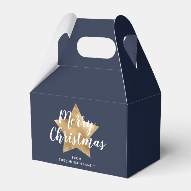 Elegant Navy Blue Gold Star Christmas Favor Boxes (Front Side)