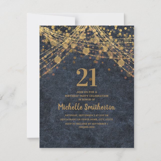 Elegant Navy Blue Gold String Lights 21st Birthday Invitation (Front)
