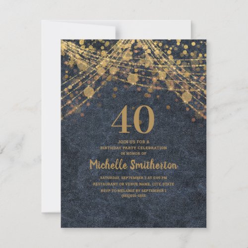 Elegant Navy Blue Gold String Lights 40th Birthday Invitation