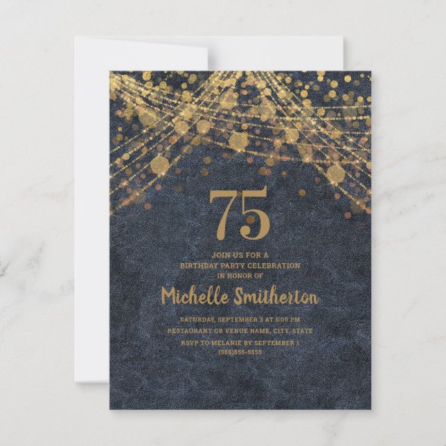 Elegant Navy Blue Gold String Lights 75th Invitation (Front)