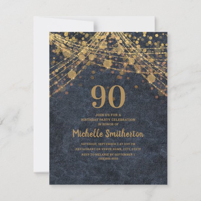 Elegant Navy Blue Gold String Lights 90th Invitation (Front)