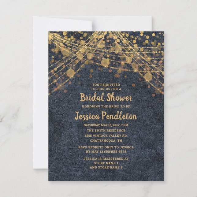 Elegant Navy Blue Gold String Lights Bridal Shower Invitation (Front)