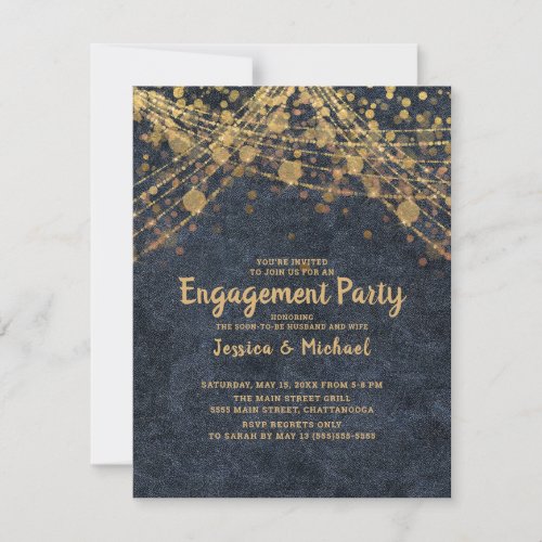 Elegant Navy Blue Gold String Lights Engagement Invitation