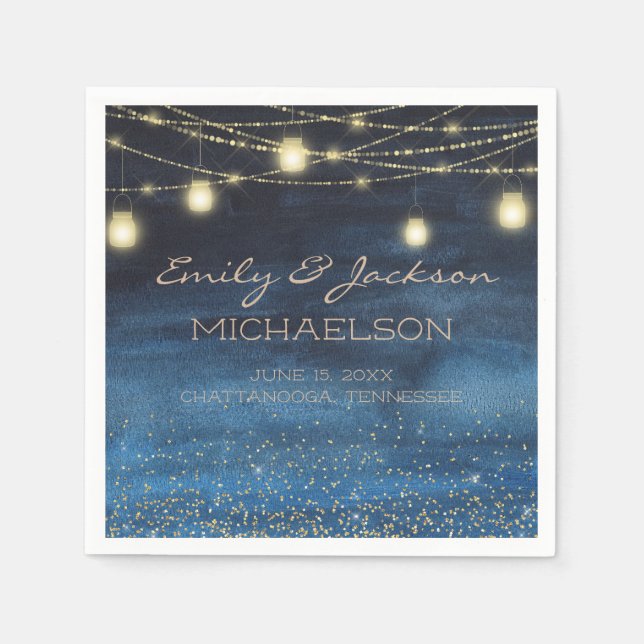 Elegant Navy Blue Gold String Lights Lanterns Napkins (Front)