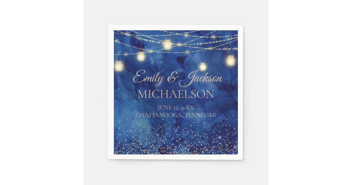 Elegant Navy Blue Gold String Lights Wedding Napkins | Zazzle