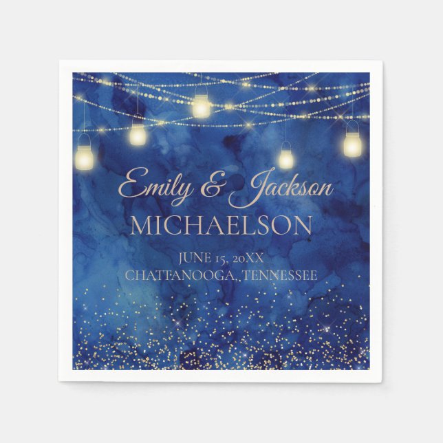 Elegant Navy Blue Gold String Lights Wedding Napkins (Front)