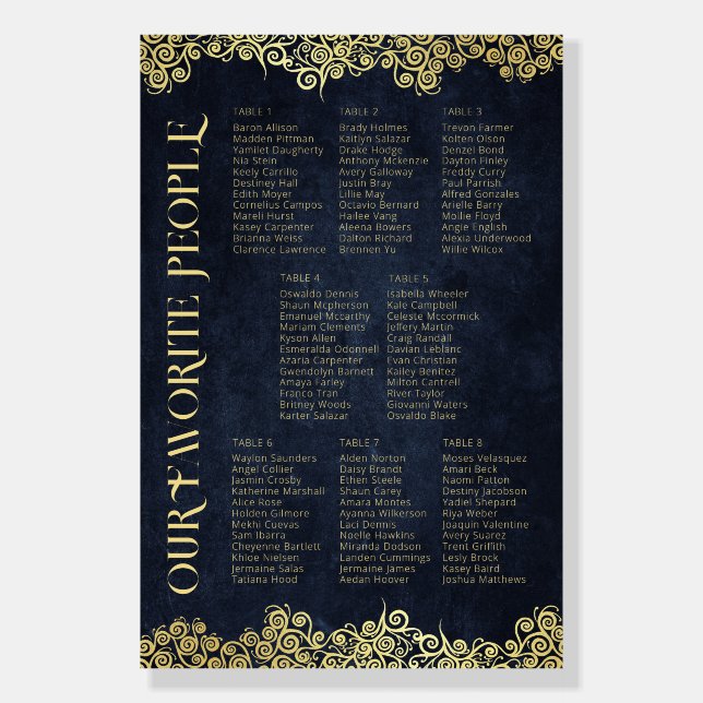Elegant Navy Blue Gold Swirl Wedding Seating Chart Foam Board (Front)