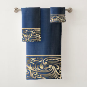 Elegant Navy Blue Gold Swirls  Bath Towel Set