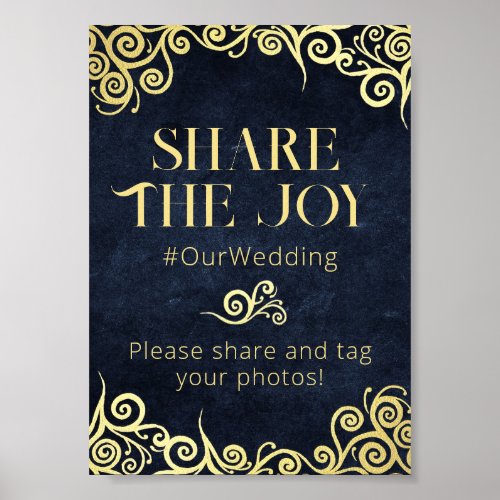 Elegant Navy Blue  Gold Tag Your Pictures Wedding Poster