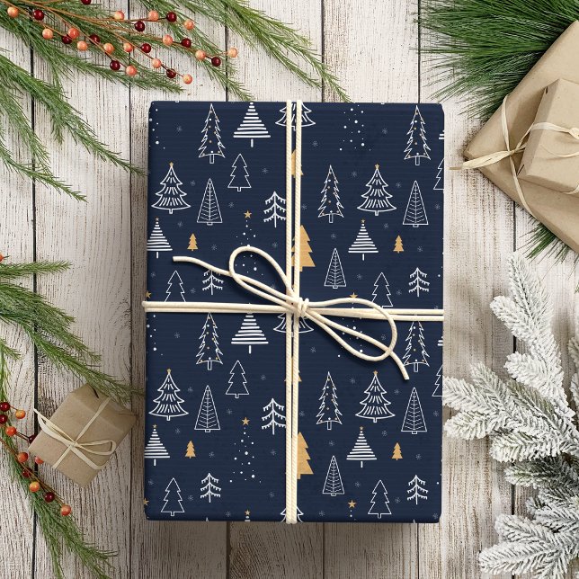 Elegant Navy Blue & Gold Tree Christmas Wrapping Paper (Creator Uploaded)