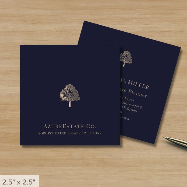 Elegant Navy Blue Gold Tree Logo Square Business Card (Creator Uploaded)
