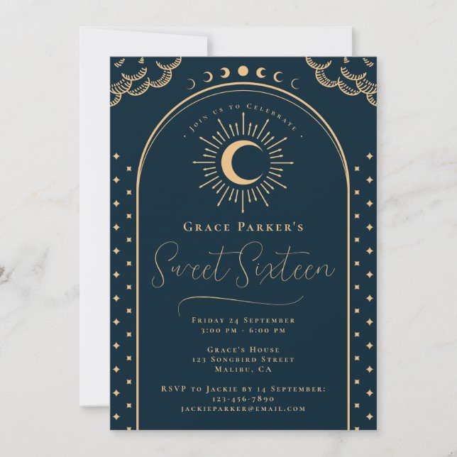 Elegant Navy Blue Gold Vintage Sweet Sixteen Invitation (Front)