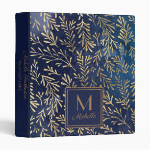 Elegant Navy Blue Gold Watercolor Leaves Monogram 3 Ring Binder