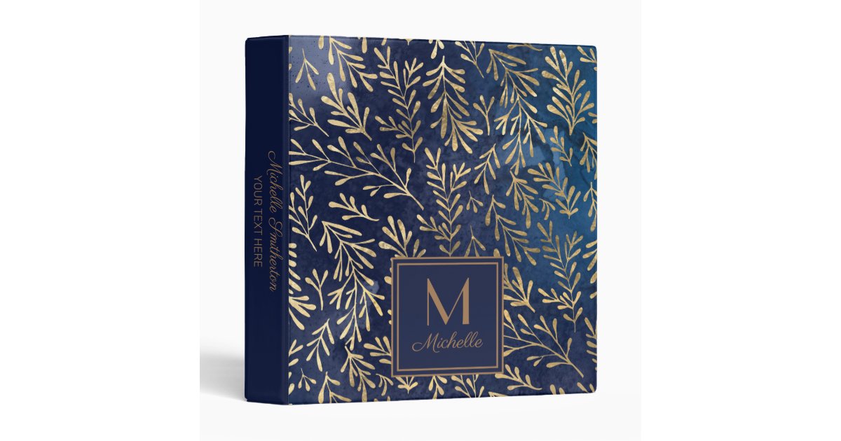 Elegant Navy Blue Gold Watercolor Leaves Monogram 3 Ring Binder | Zazzle
