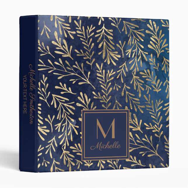 Elegant Navy Blue Gold Watercolor Leaves Monogram 3 Ring Binder | Zazzle