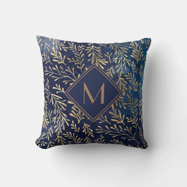 Elegant Navy Blue Gold Watercolor Leaves Monogram Throw Pillow (Front)