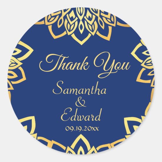 Elegant Navy Blue Gold Wedding Classic Round Sticker