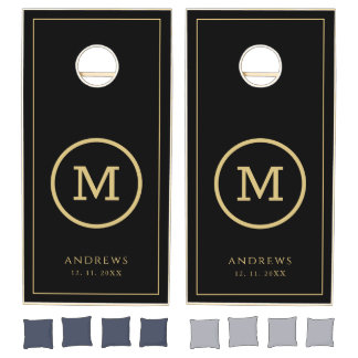 Elegant Navy Blue & Gold Wedding Monogram  Cornhole Set